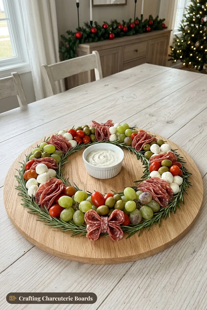 Christmas charcuterie wreath with rosemary, salami, mozzarella, cherry tomatoes, green olives and a salami bow around a bowl of dip
