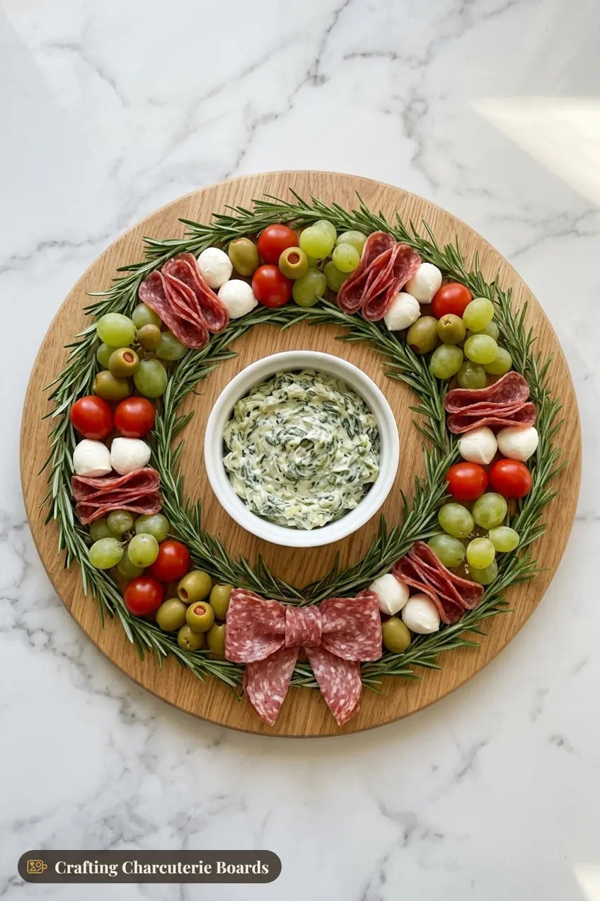 Classic rosemary charcuterie wreath with salami, mozzarella, cherry tomatoes, olives, grapes and a salami bow around spinach dip
