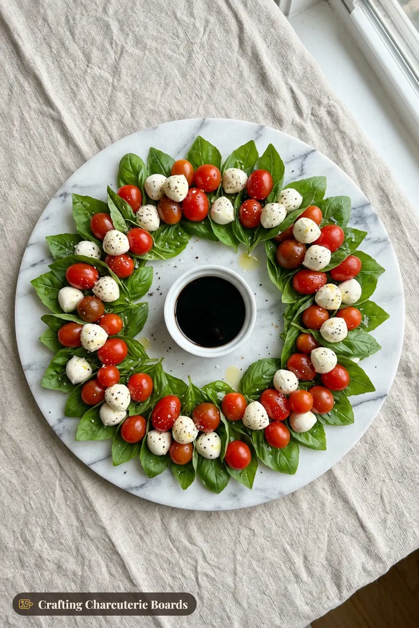 Caprese wreath with basil leaves, cherry tomatoes and mozzarella balls around balsamic glaze