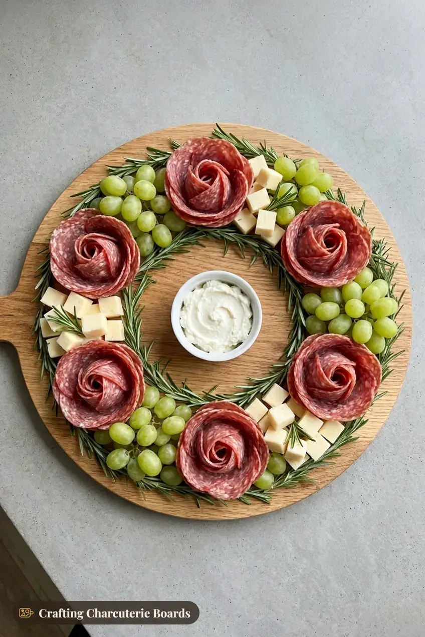 Salami rose charcuterie wreath with white cheddar cubes and green grapes on rosemary around whipped feta