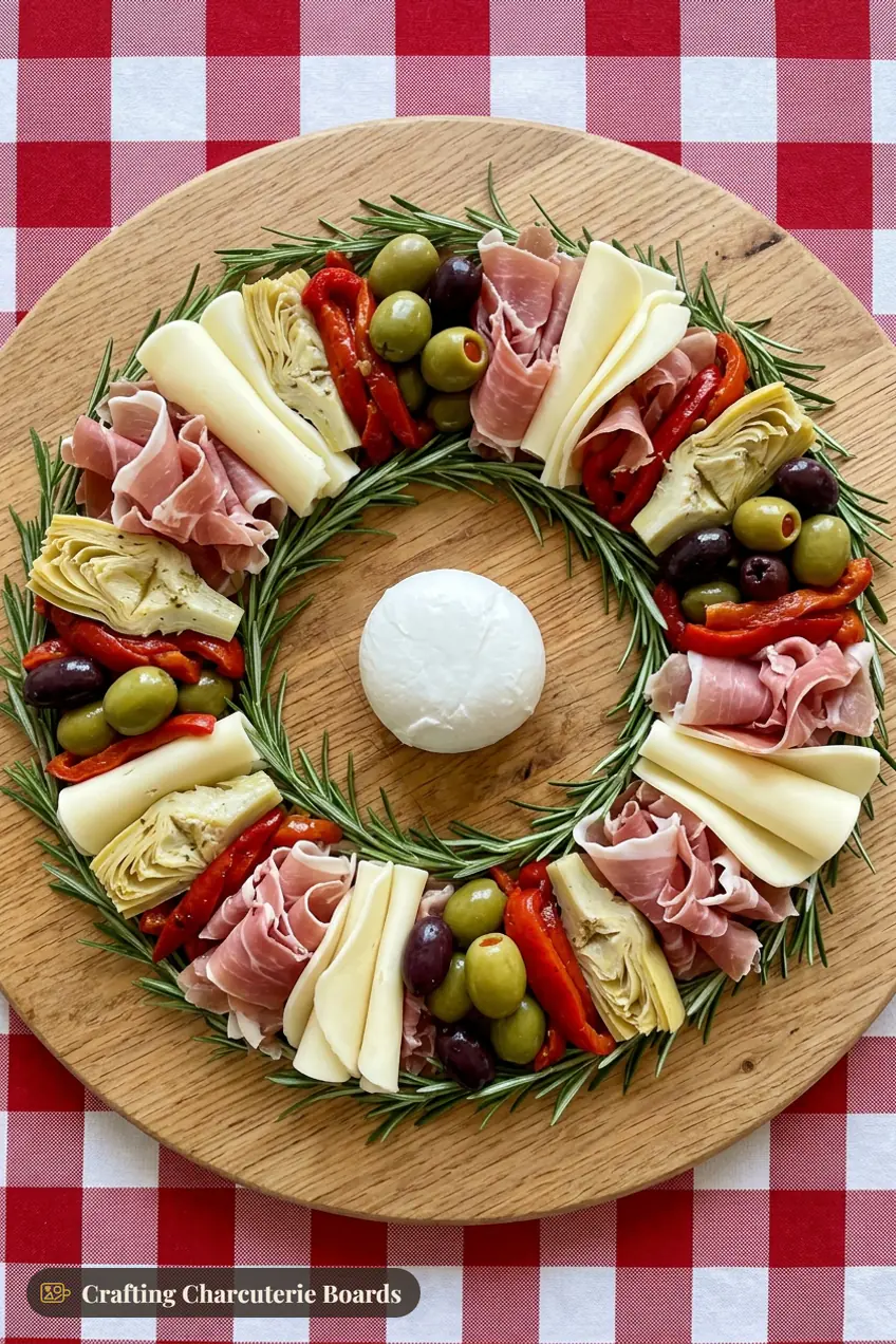 Antipasto wreath with prosciutto, provolone, artichokes, roasted red peppers and olives around fresh mozzarella