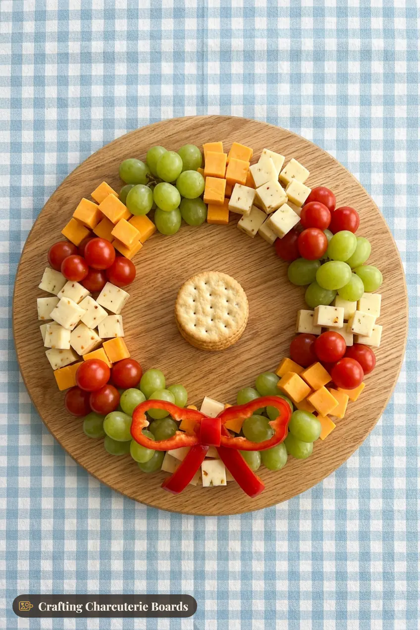Cheese and cracker wreath with cheddar and pepper jack cubes, green grapes, tomatoes and a pepper bow