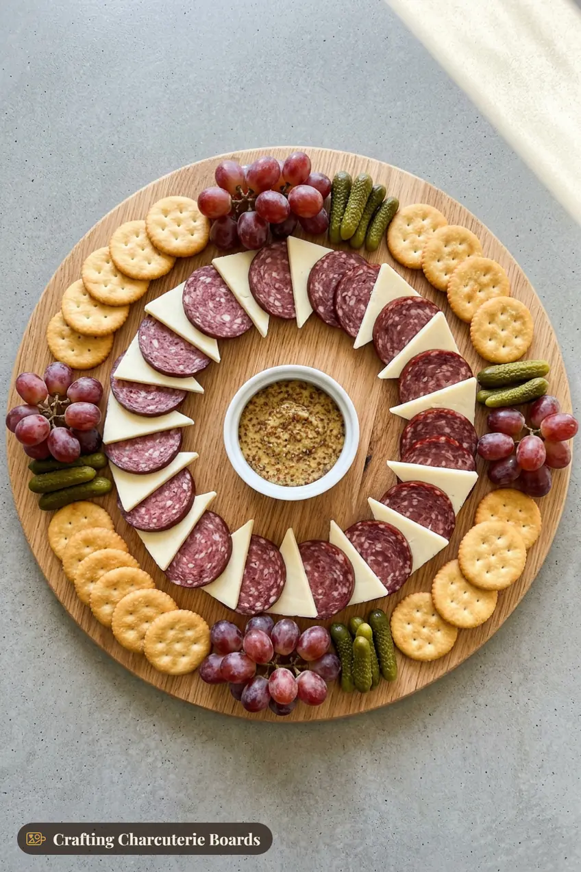 Charcuterie wreath of shingled summer sausage rounds and white cheddar triangles with red grapes, cornichons and crackers around whole-grain mustard