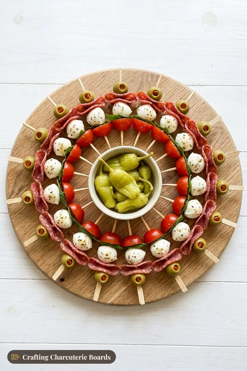 Antipasto skewer wreath with olive, salami, mozzarella, basil and cherry tomato skewers pointing out from a bowl of pepperoncini like sun rays
