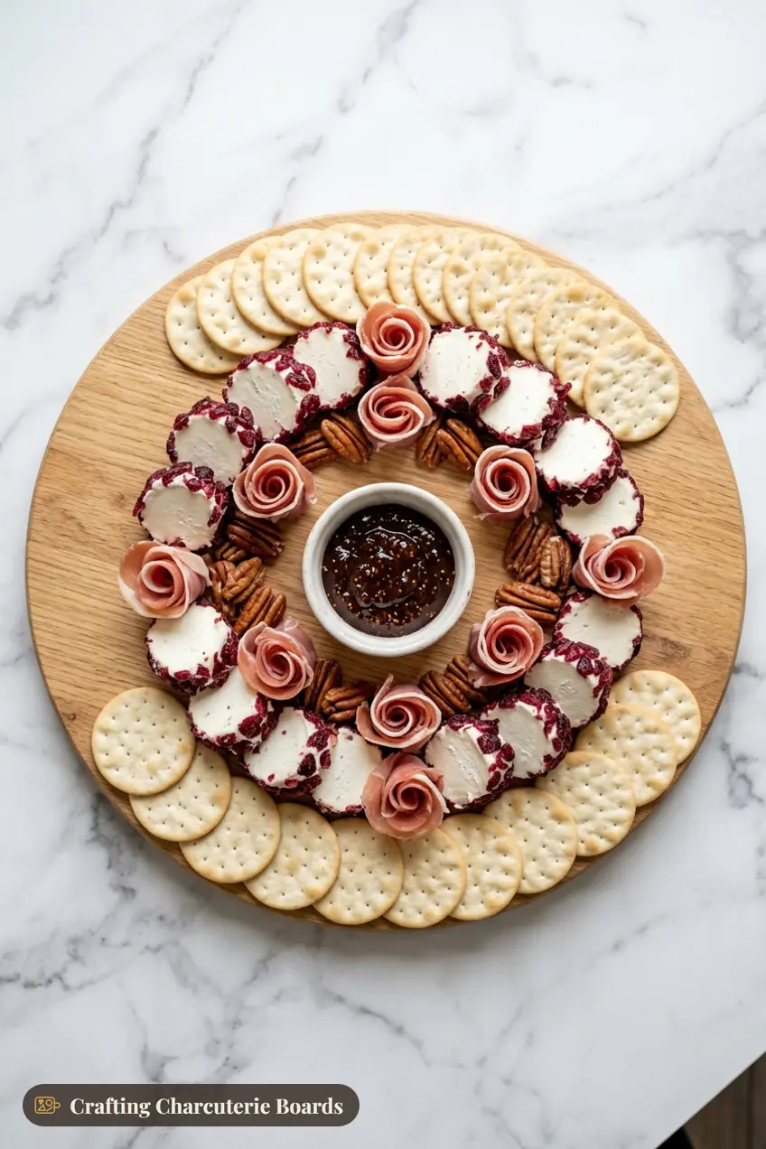 Charcuterie wreath of cranberry-coated goat cheese rounds and prosciutto roses with pecans and crackers around fig jam