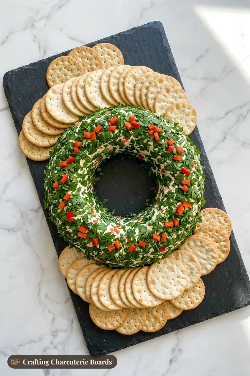 Cheese ball wreath coated in chopped parsley with red pepper berries and crackers