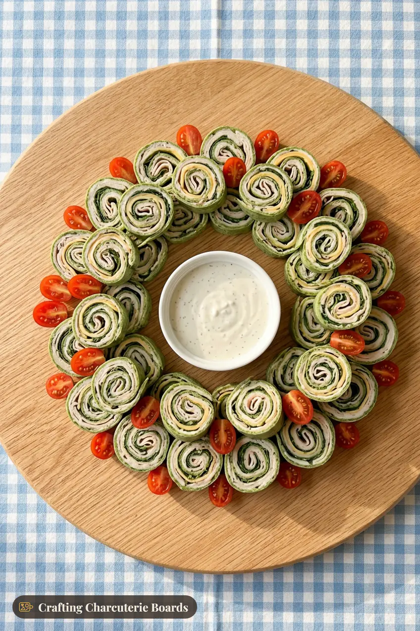 Pinwheel wreath with spinach tortilla pinwheels and cherry tomato berries around ranch dip