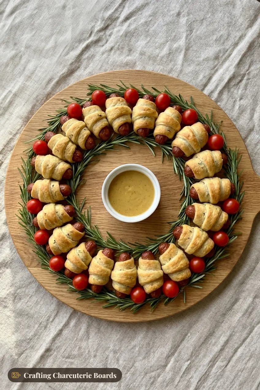 Pigs in a blanket wreath on rosemary with cherry tomatoes around a bowl of honey mustard