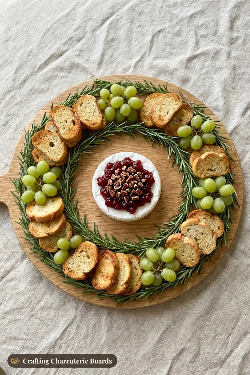 Baked brie with cranberry and pecans inside a wreath of rosemary, toasted baguette and green grapes