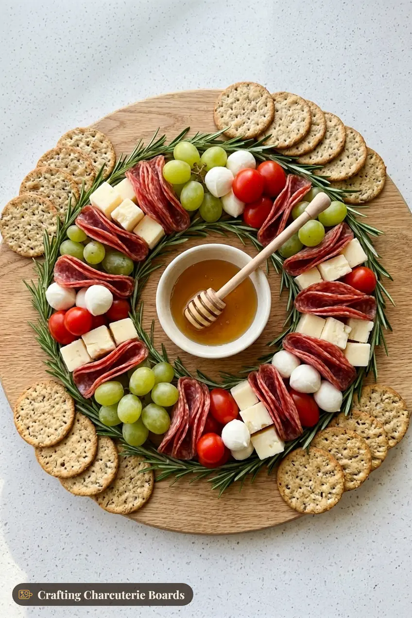 Small charcuterie wreath board for two with rosemary, salami, cheddar, mozzarella balls, tomatoes, grapes and crackers around honey