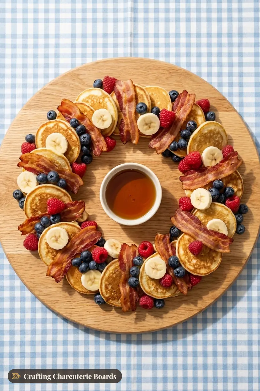 Christmas breakfast wreath with mini pancakes, bacon, berries and bananas around maple syrup