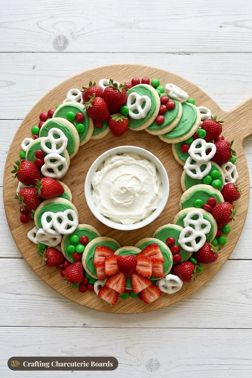 Dessert wreath with green frosted cookies, strawberries, white chocolate pretzels and candy around whipped cream