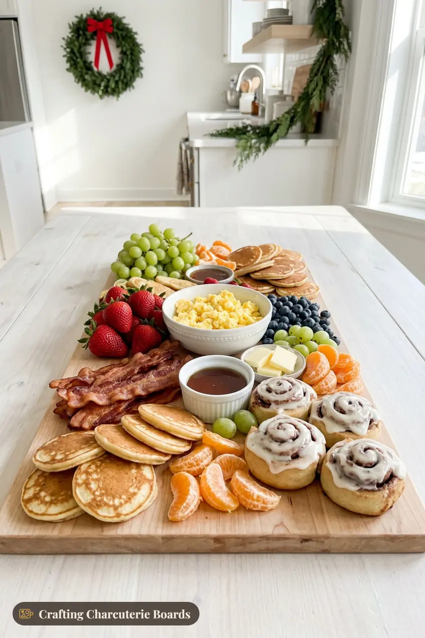 Christmas breakfast charcuterie board with mini pancakes, bacon, cinnamon rolls, strawberries, blueberries, scrambled eggs and syrup