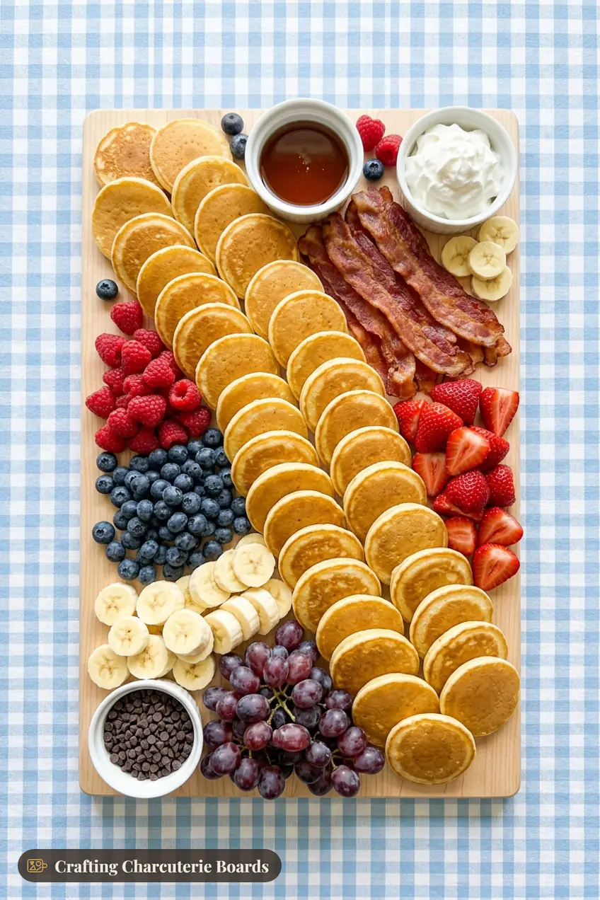 Christmas pancake board with mini pancakes, bacon, berries, banana, grapes, syrup, whipped cream and chocolate chips