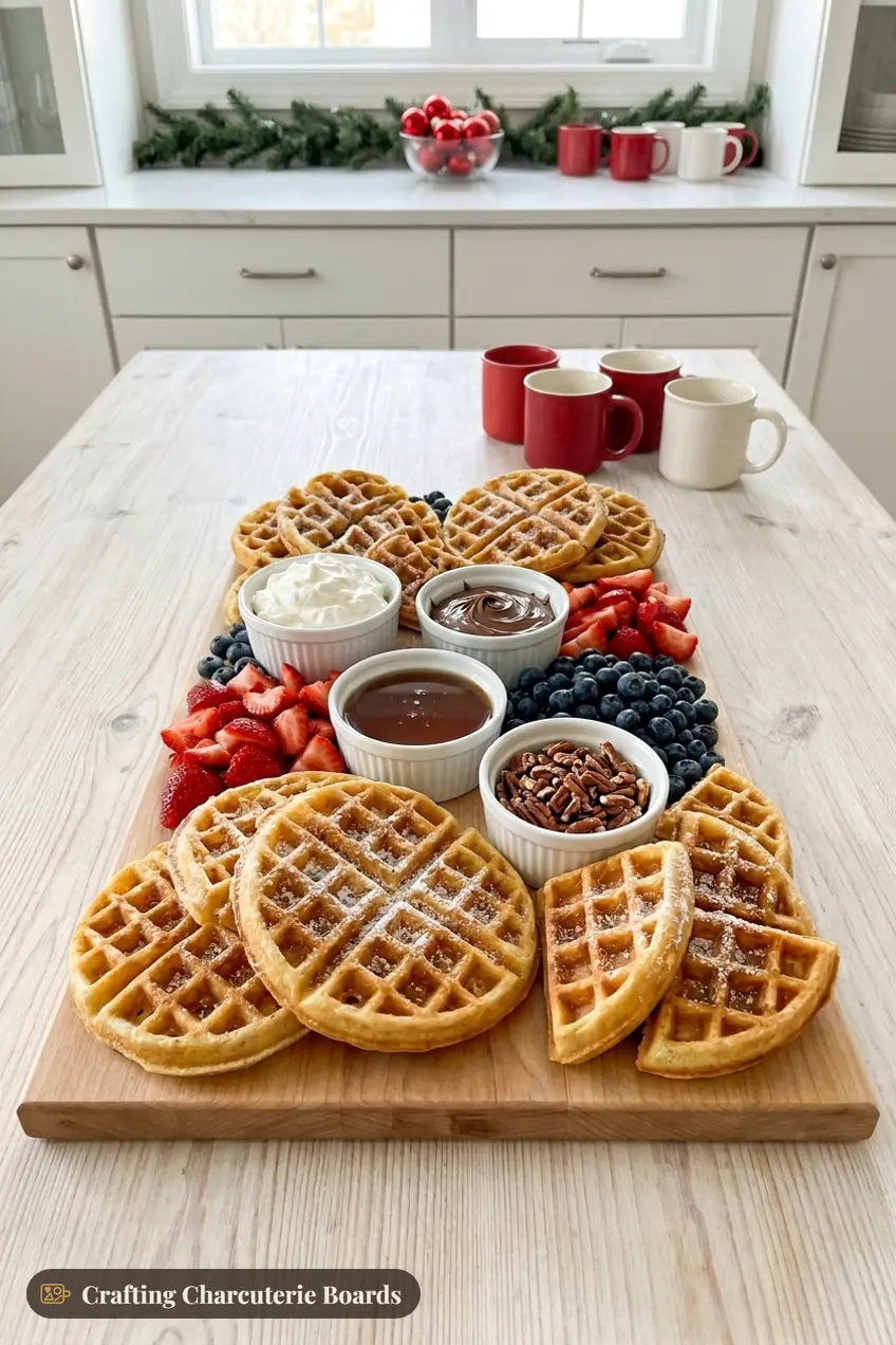 Waffle bar board with whole, halved and quartered waffles, strawberries, blueberries, whipped cream, chocolate spread, syrup and pecans