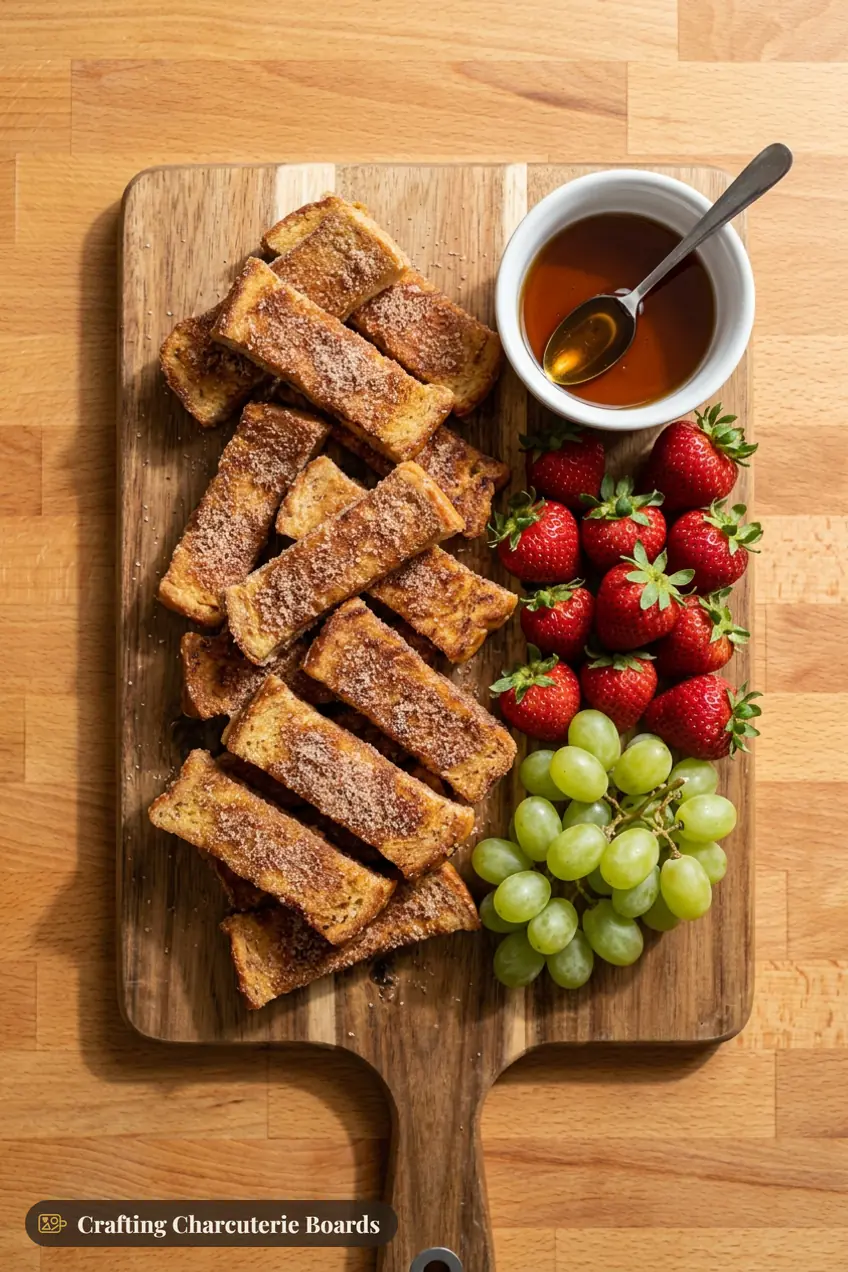 French toast sticks with cinnamon sugar, maple syrup, strawberries and green grapes