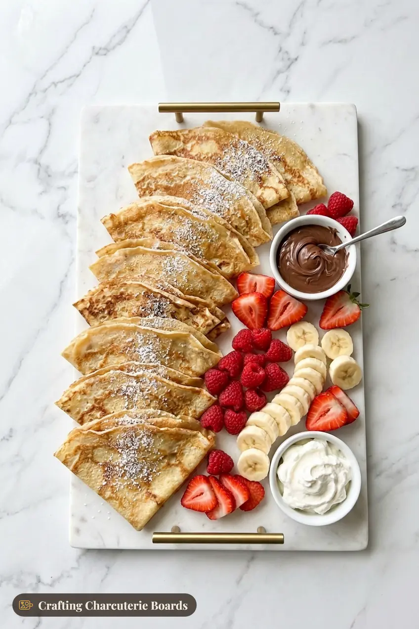 Crepe breakfast board with folded crepes, chocolate hazelnut spread, whipped cream and fresh berries