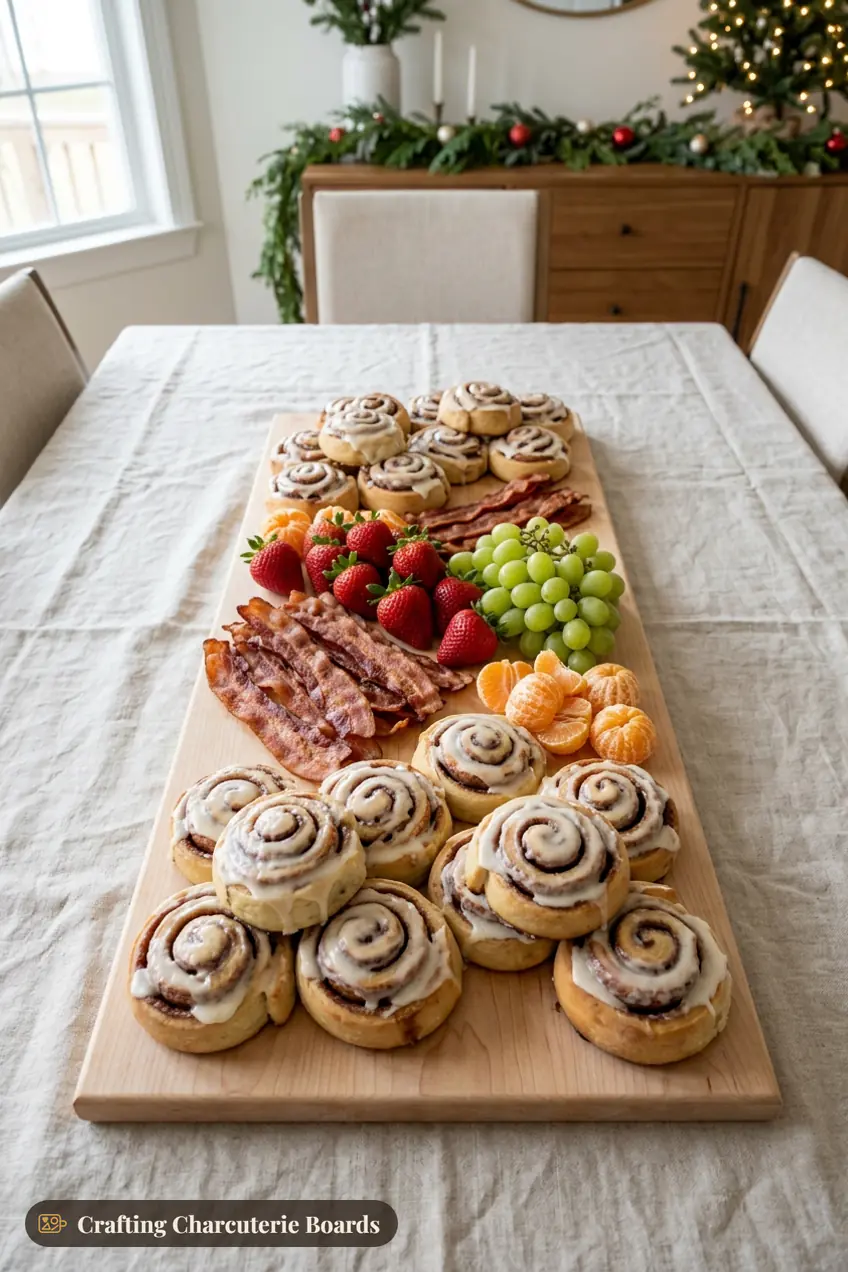 Cinnamon roll Christmas breakfast board with iced cinnamon rolls, bacon, strawberries, grapes and clementines
