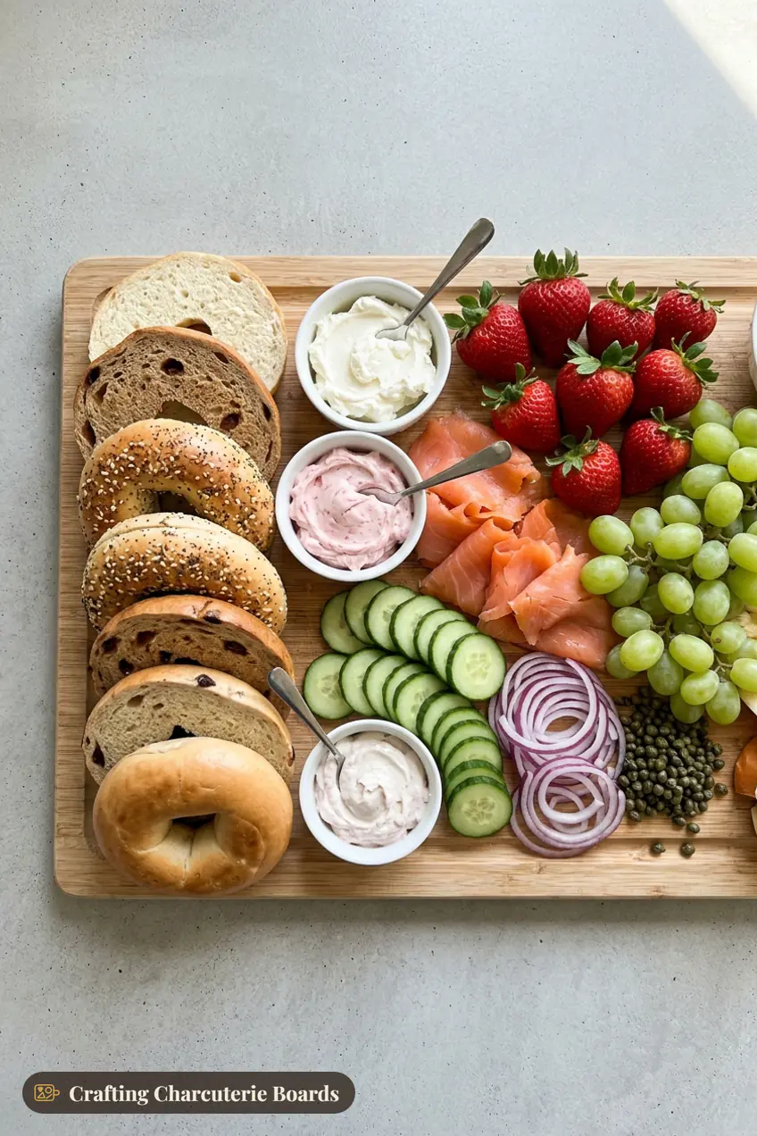 Christmas bagel board with cream cheese, smoked salmon, cucumber, red onion, capers and fruit