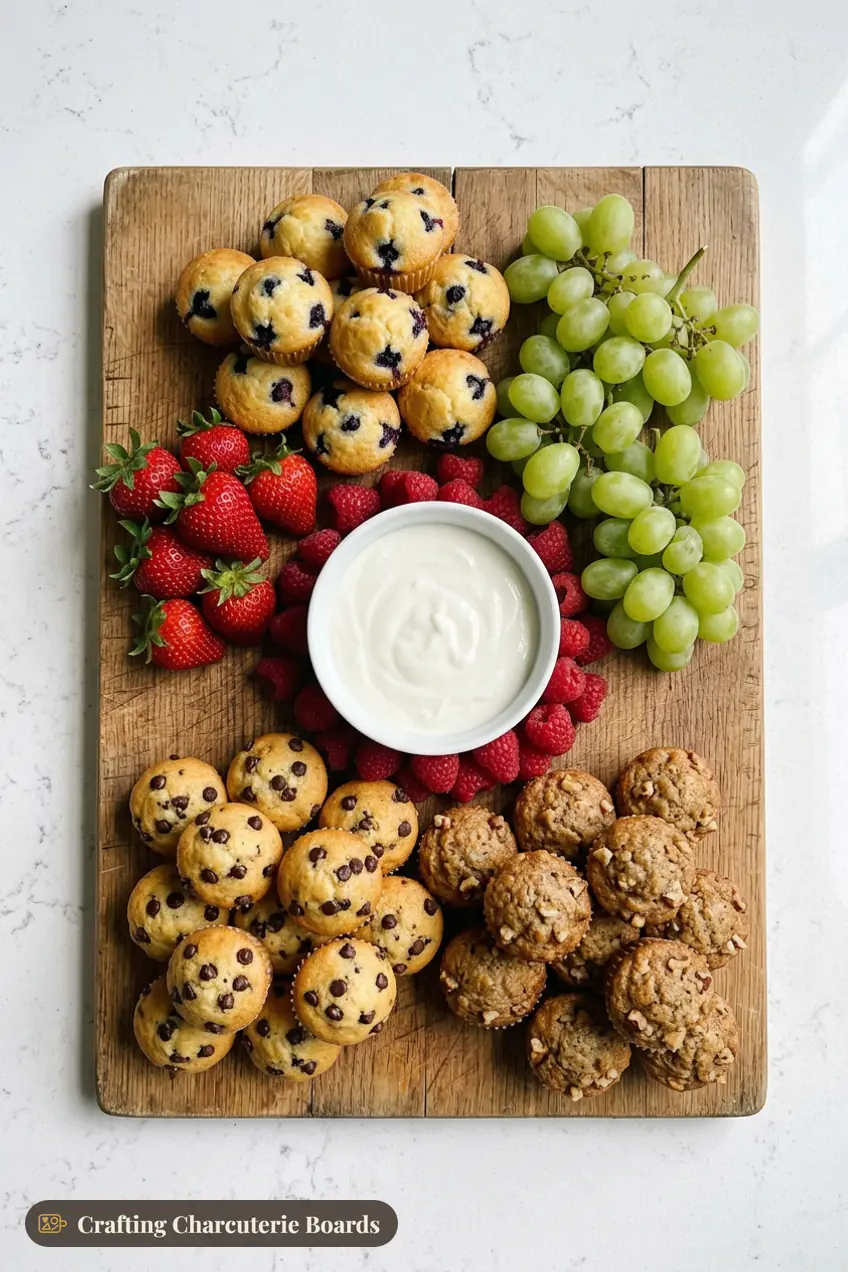 Mini muffin breakfast board with blueberry, chocolate chip and banana muffins, yogurt and fresh berries
