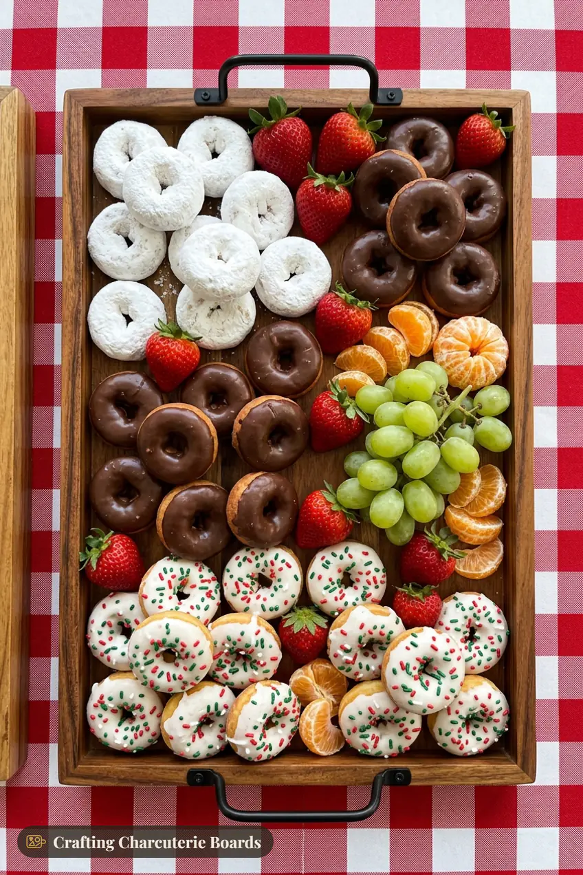 Christmas donut board with powdered sugar, chocolate and sprinkle mini donuts, strawberries, grapes and clementines