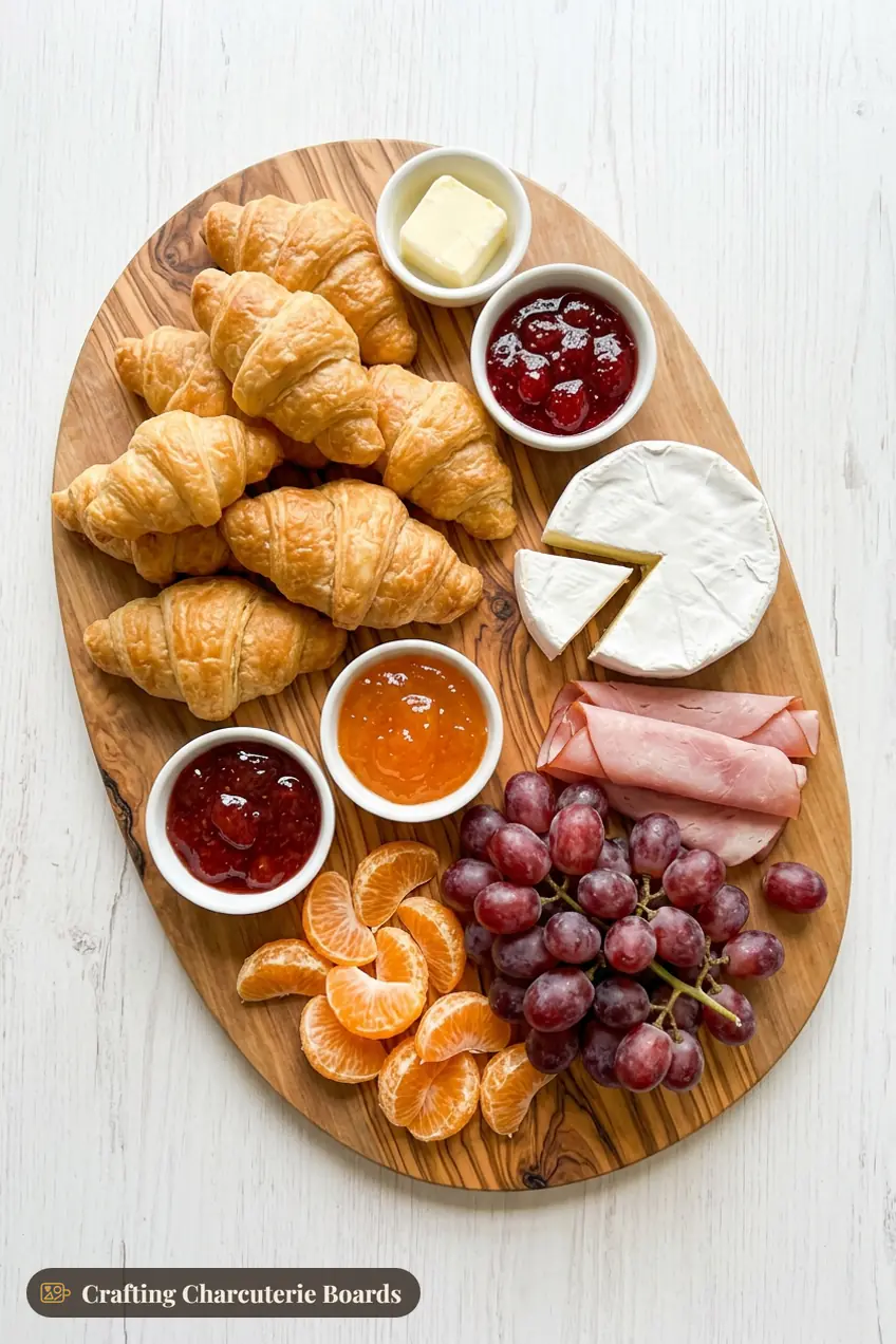 Croissant and jam board with mini croissants, butter, strawberry and apricot jam, brie, ham and fruit