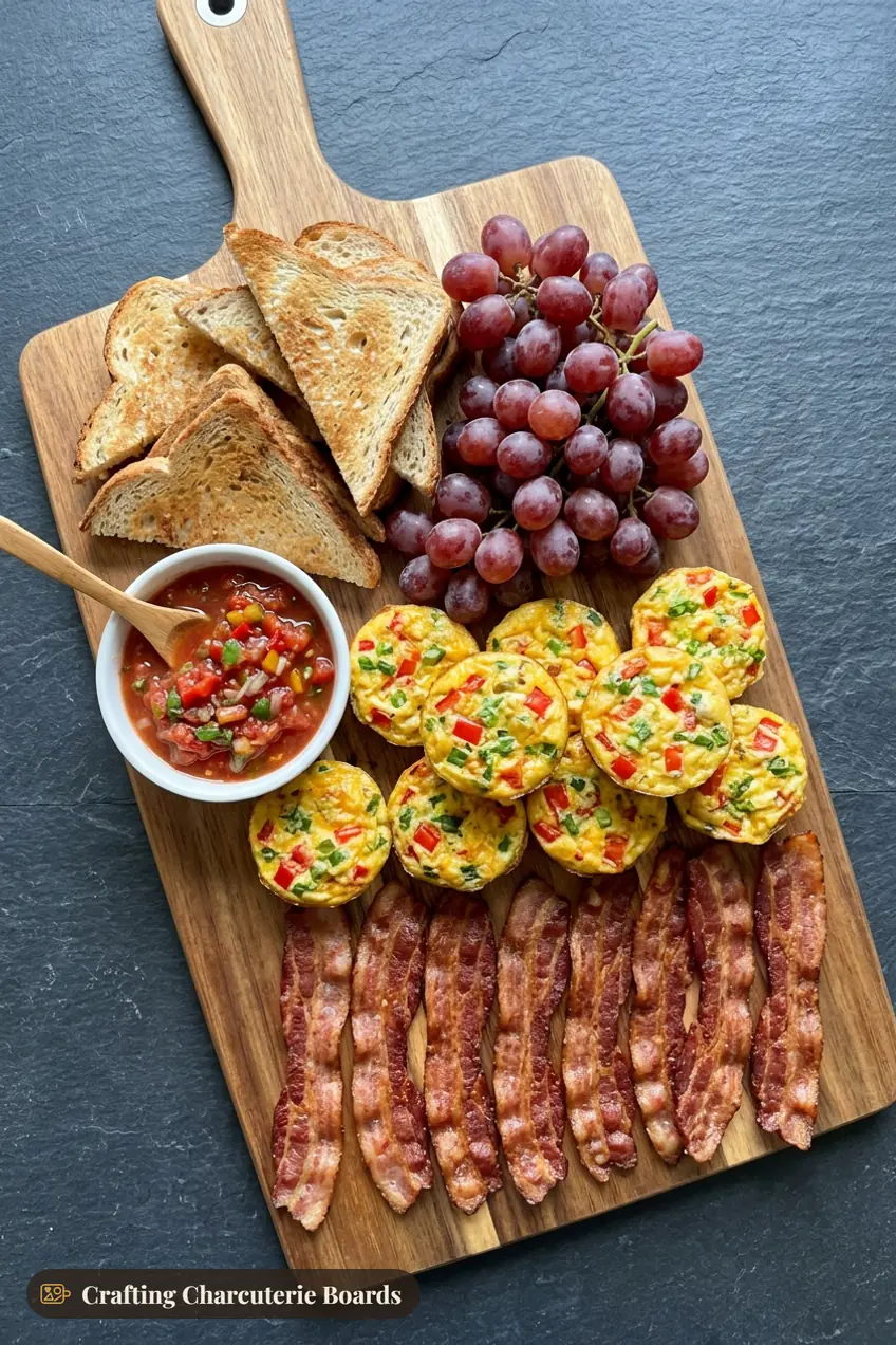 Egg bites and bacon breakfast board with toast triangles, red grapes and salsa