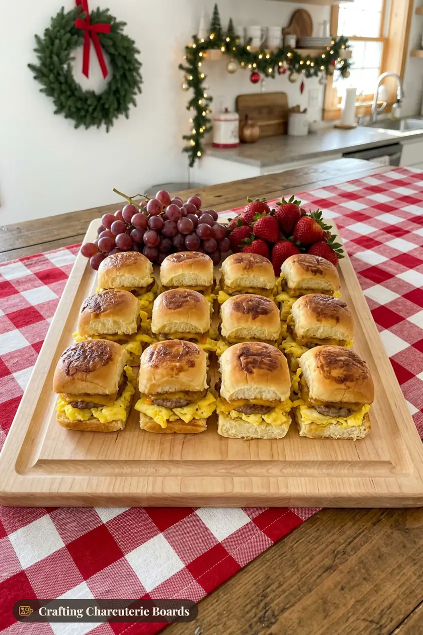 Breakfast slider board with egg, sausage and cheese Hawaiian roll sliders, grapes and strawberries
