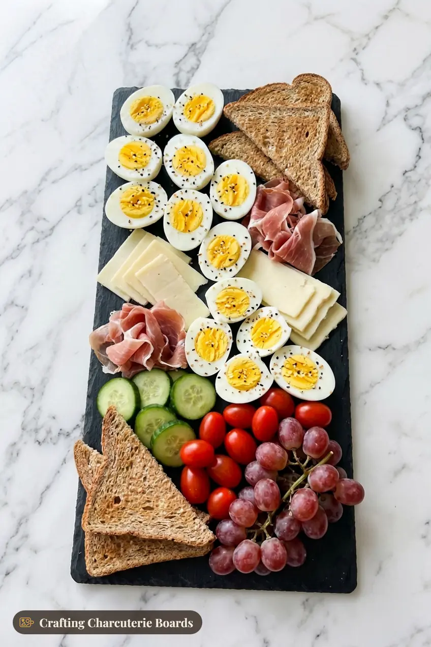 Savory breakfast charcuterie board with boiled eggs, cheddar, prosciutto, toast, cucumber, tomatoes and grapes
