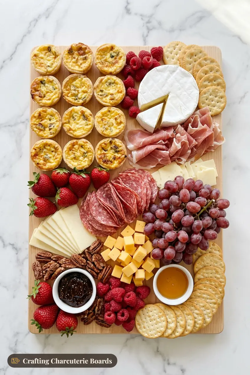 Christmas brunch charcuterie board with mini quiches, brie, prosciutto, salami, cheddar, gouda, grapes, berries, pecans, fig jam, honey and crackers