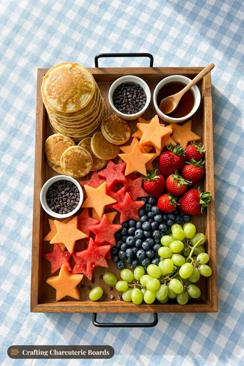 Kids Christmas breakfast board with mini pancakes, melon stars, strawberries, blueberries and chocolate chips