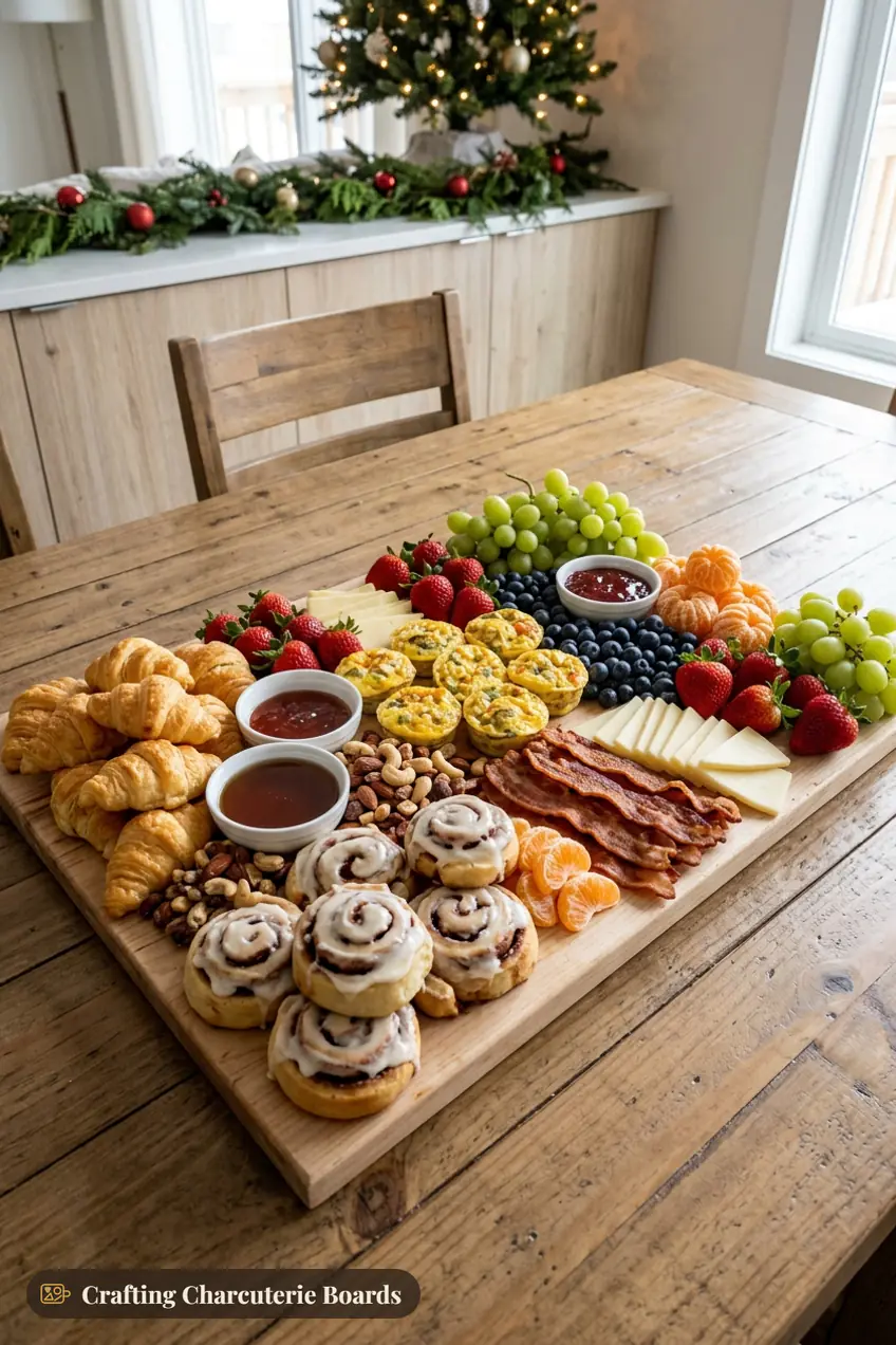 Christmas brunch grazing board with croissants, cinnamon rolls, egg bites, bacon, cheddar and fresh fruit