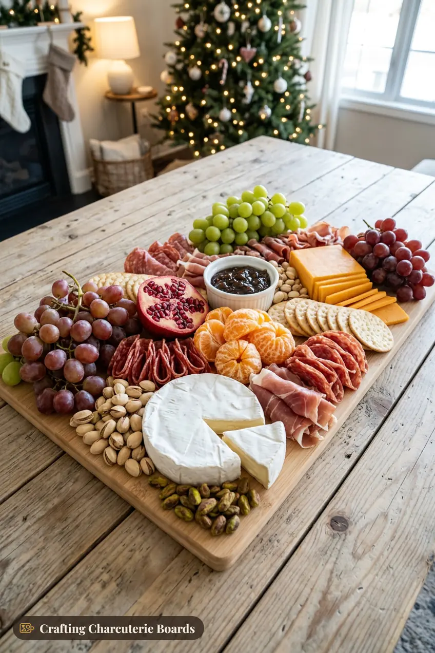 Christmas Eve charcuterie board with brie, sharp cheddar, salami, prosciutto, grapes, pomegranate, clementines and crackers by the Christmas tree