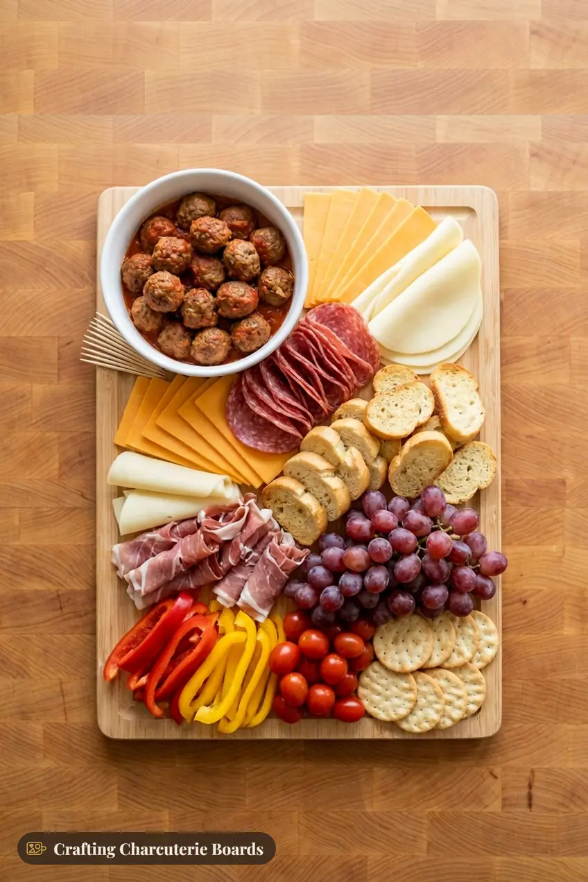 Christmas Eve dinner board with meatballs in marinara, cheddar, provolone, salami, prosciutto, baguette and vegetables