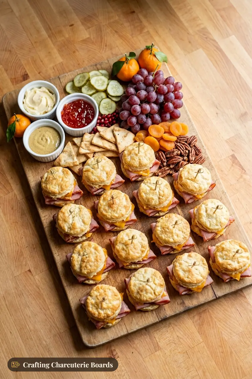 Ham and biscuit board with flaky biscuits filled with honey ham and cheddar, pepper jelly, honey butter, mustard, cucumber, grapes, clementines and dried apricots