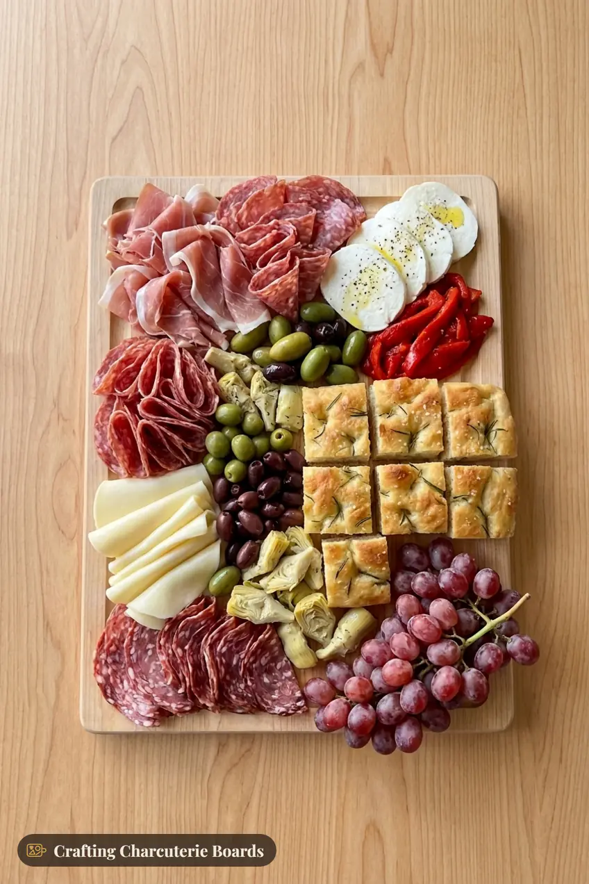Italian Christmas Eve antipasto board with prosciutto, salami, mozzarella, provolone, peppers, olives and focaccia