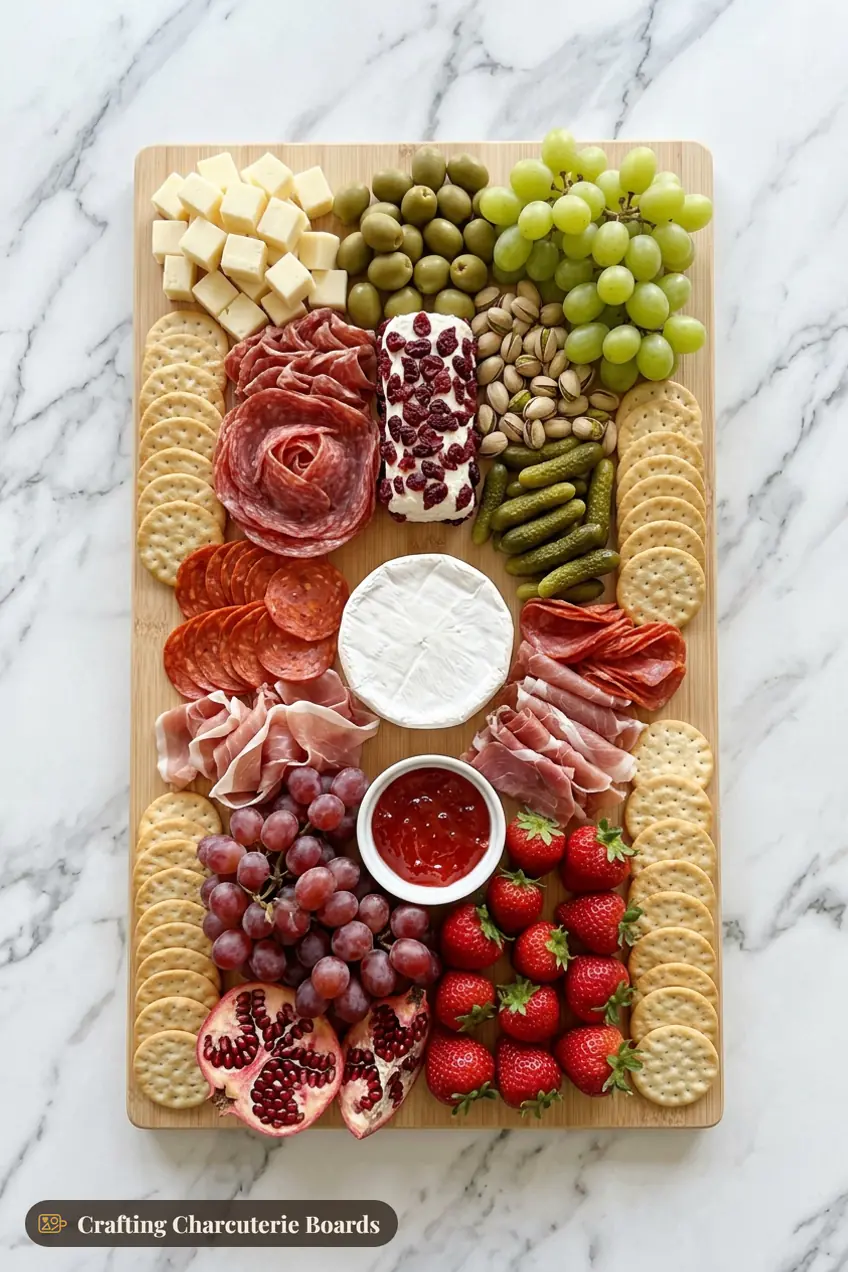 Red and green Christmas Eve charcuterie board with salami, pepperoni, prosciutto, brie, cranberry goat cheese, grapes, strawberries, pomegranate, olives and pistachios