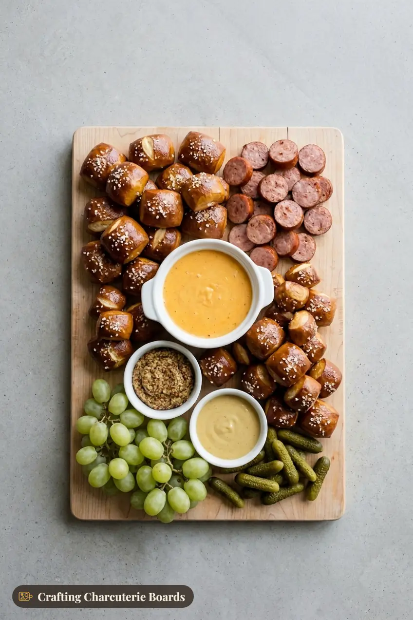 Soft pretzel bites and browned smoked sausage around homemade cheddar cheese dip with mustards, cornichons and grapes