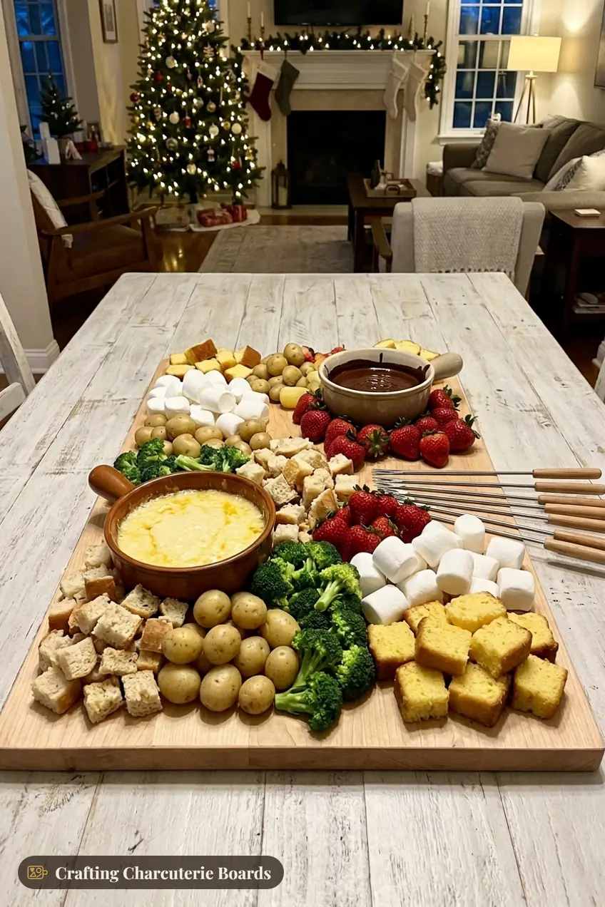 Chocolate and cheese fondue board with bread, potatoes, broccoli, strawberries, marshmallows and pound cake
