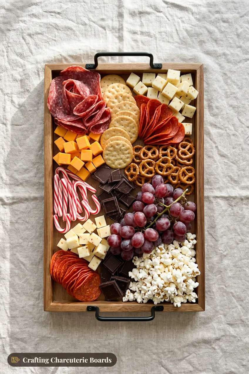 Pajama movie night charcuterie board with salami, pepperoni, cheese cubes, crackers, pretzels, grapes, chocolate, candy canes and popcorn
