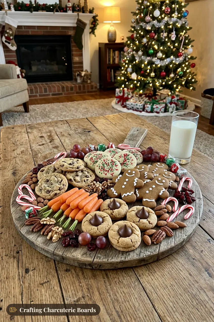 Cookies for Santa board with sugar cookies, chocolate chip cookies, gingerbread men, peanut butter blossoms, carrots, candy canes, nuts and a glass of milk
