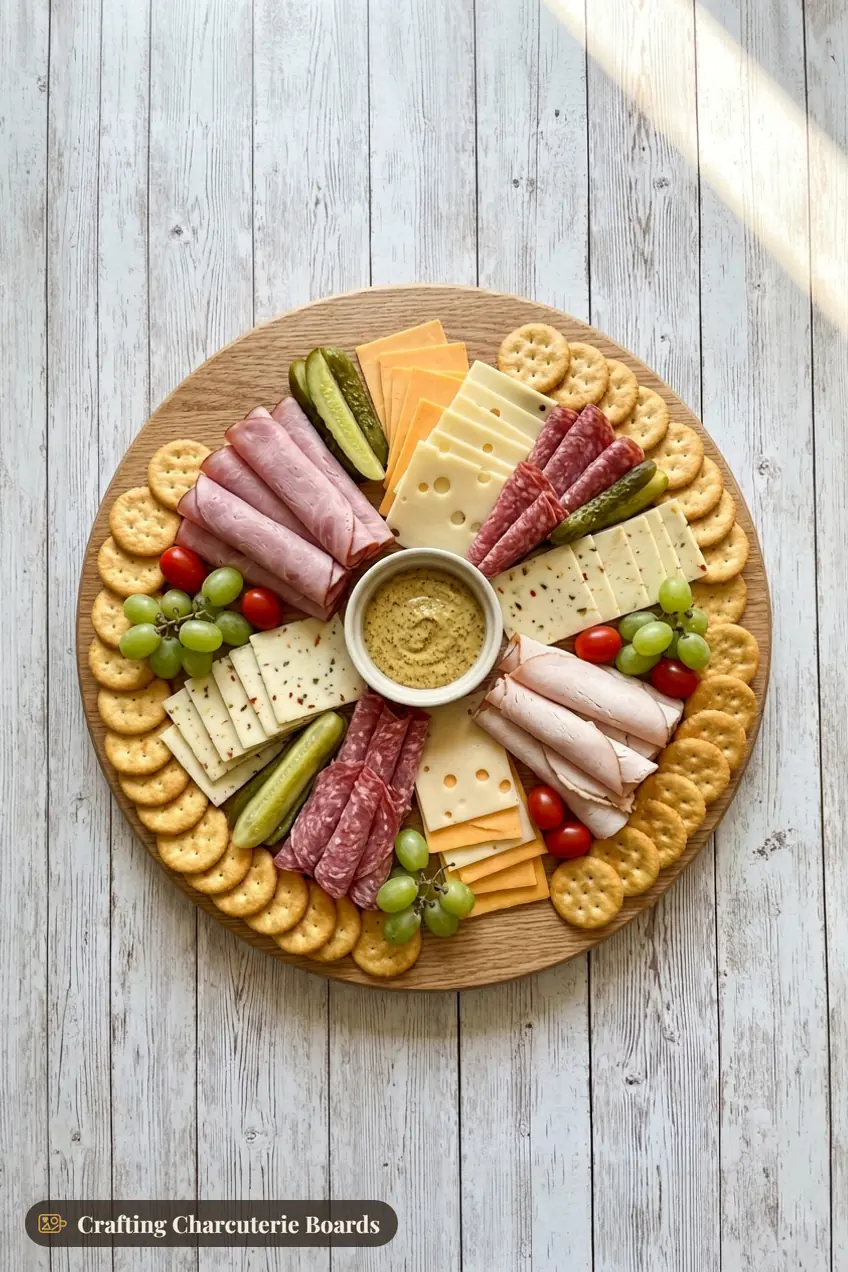 Classic meat and cheese tray with rolled ham and turkey, salami, cheddar, Swiss and pepper jack, crackers, pickles and mustard