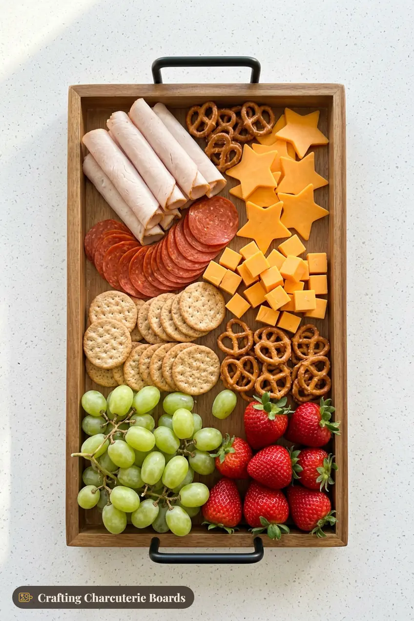 Kids Christmas Eve charcuterie board with rolled turkey, pepperoni, cheddar stars and cubes, crackers, pretzels, grapes and strawberries