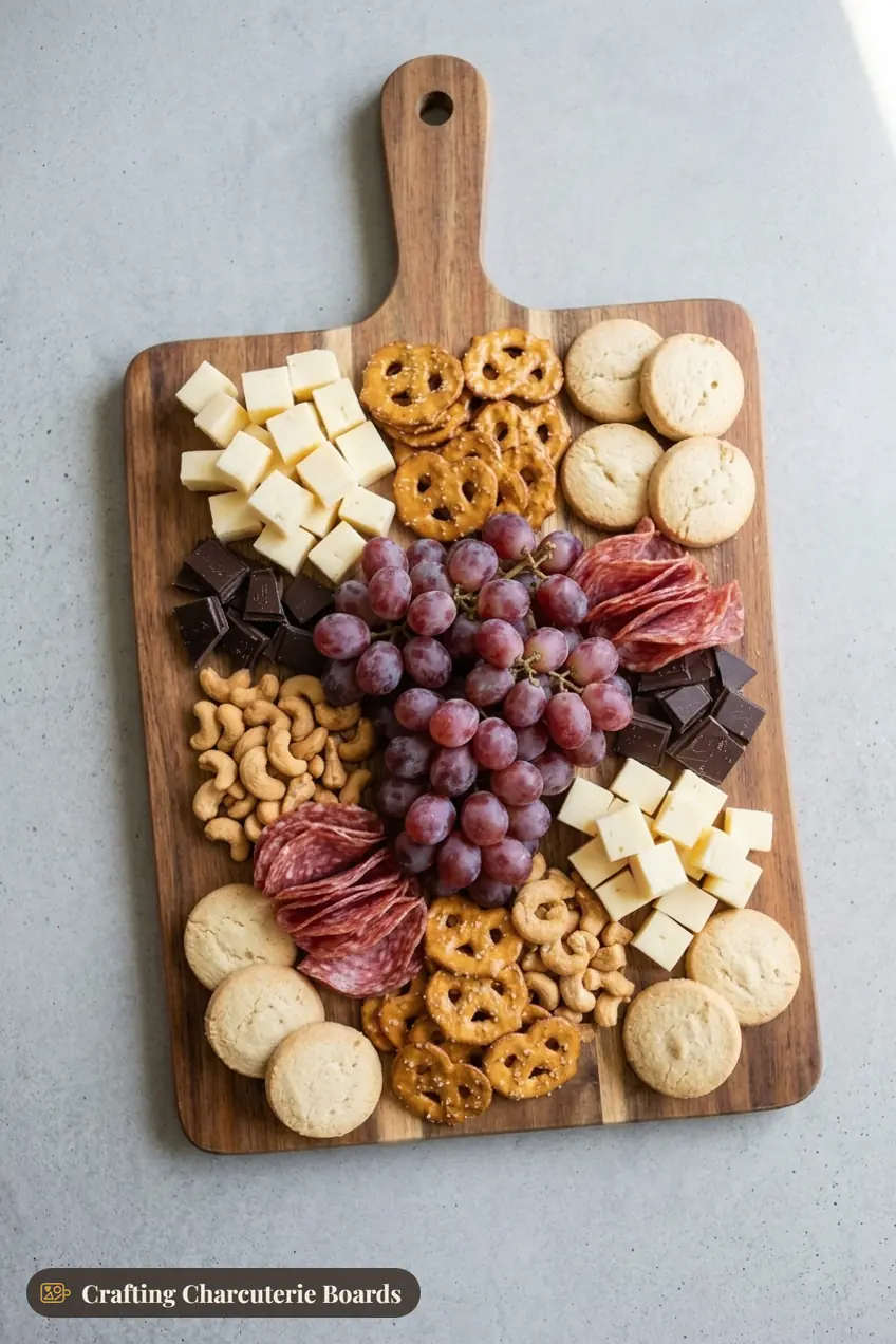 Late-night snack board with white cheddar, salami, dark chocolate, grapes, cashews and shortbread