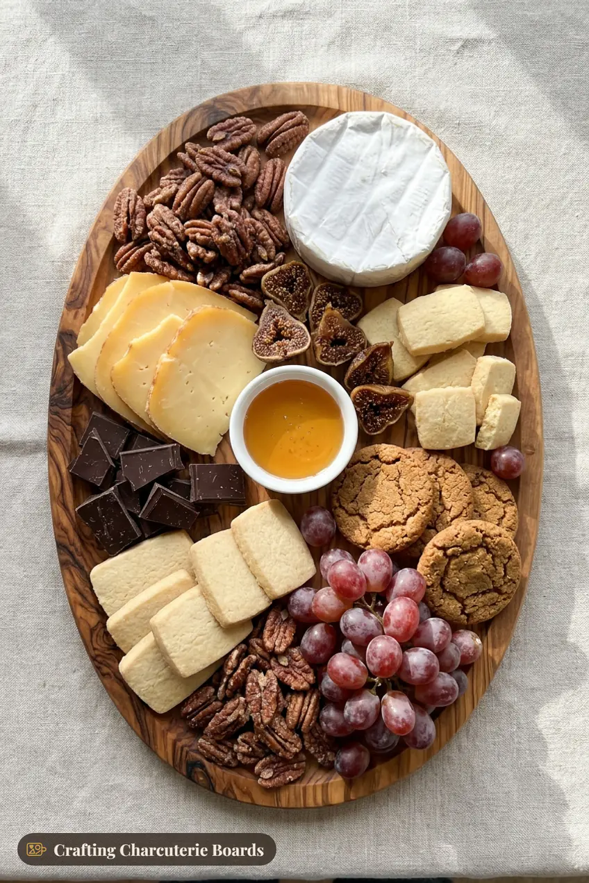 Cheese and dessert board with brie, aged gouda, honey, dark chocolate, figs and cookies