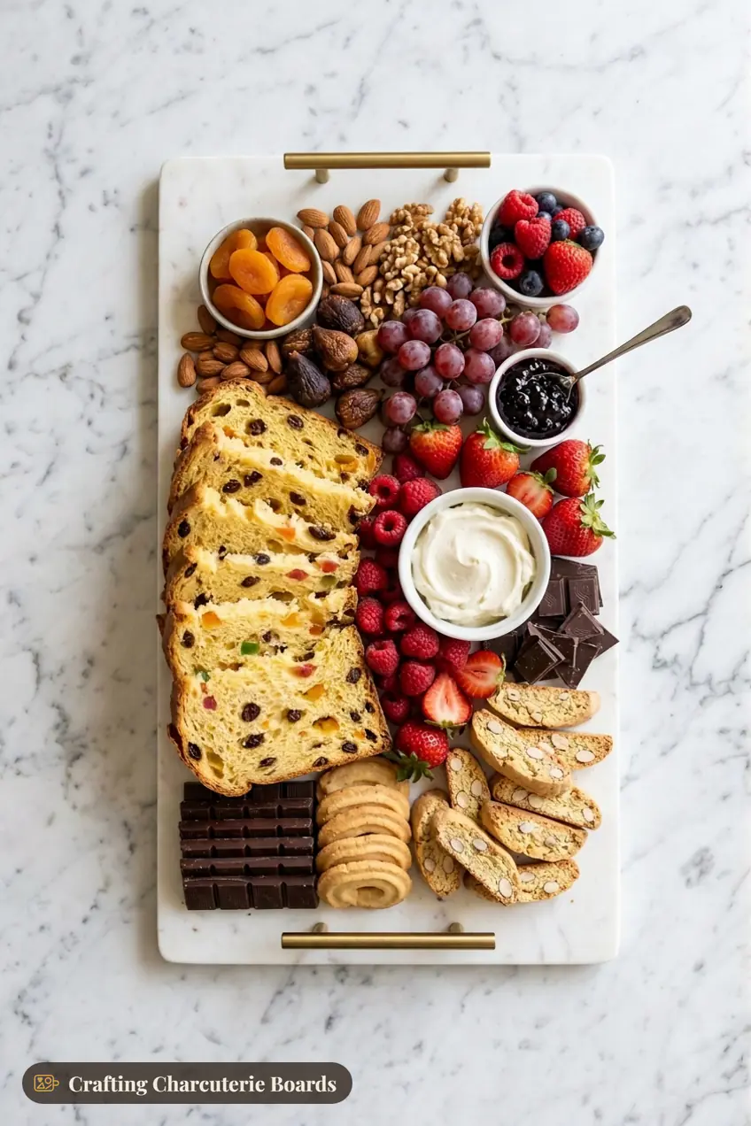 Panettone slices with honey mascarpone, berries, jam, dried fruit, nuts, dark chocolate and biscotti
