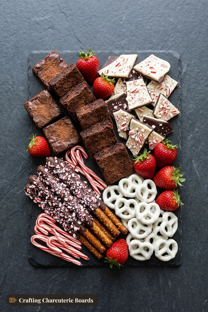 Peppermint chocolate board with brownies, peppermint bark, dipped pretzel rods, candy canes and strawberries