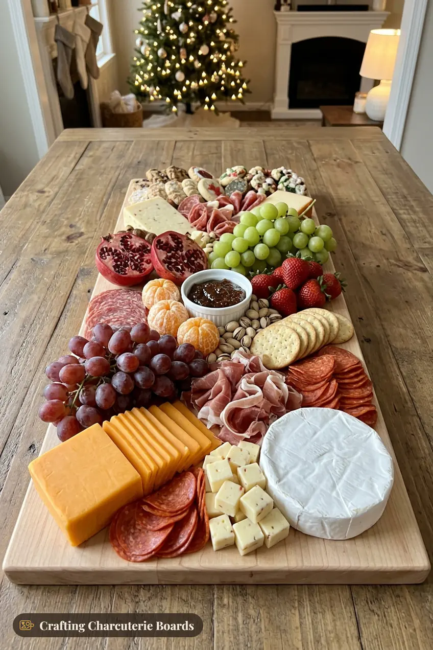 Christmas Eve grazing table with four cheeses, three meats, grapes, pomegranate, clementines, crackers and cookies