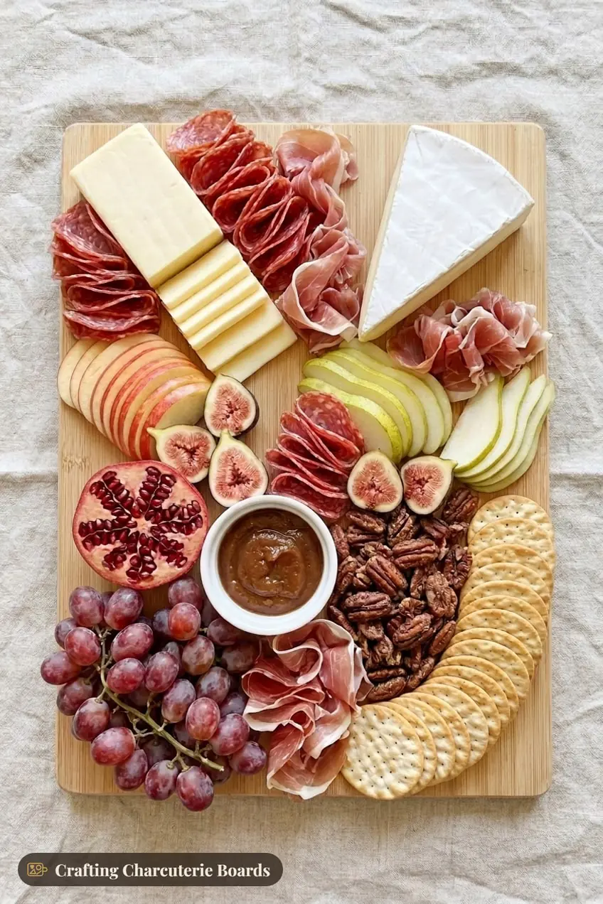 Fall charcuterie board with white cheddar, a brie wedge, salami, prosciutto, apples, pears, figs, grapes and pecans