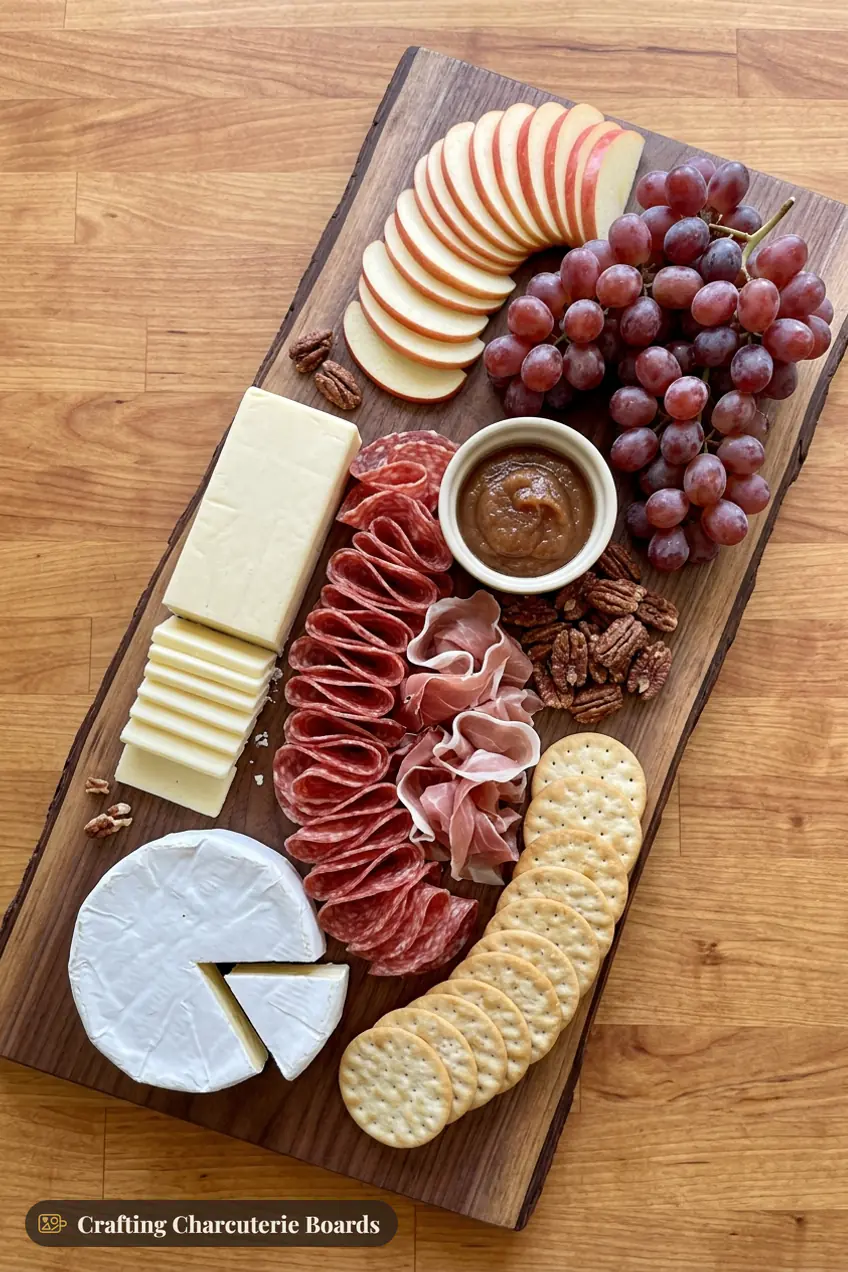 Easy fall charcuterie board with white cheddar, brie, salami, prosciutto, apples, grapes, apple butter and pecans